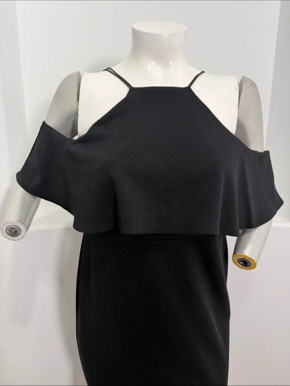 ASOS Women’s Black Cold-Shoulder Ruffle Asymmetric Pephem Midi Dress  Size 14 - Picture 6 of 12